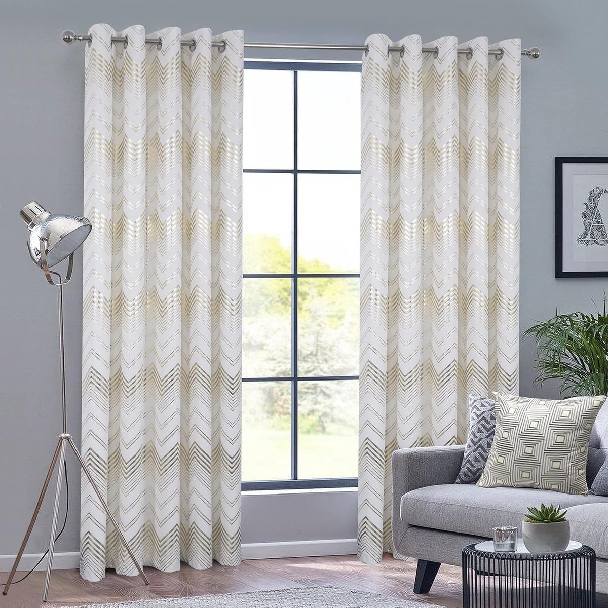 always4u Gordijn, 100% ondoorzichtig, velours gordijnen met goudkleurige lijnen, dubbele thermische gordijnen met ringen, gordijnen voor woonkamer, slaapkamer, keuken, elegant, modern, wit, 2 stuks, 140 x 175 cm