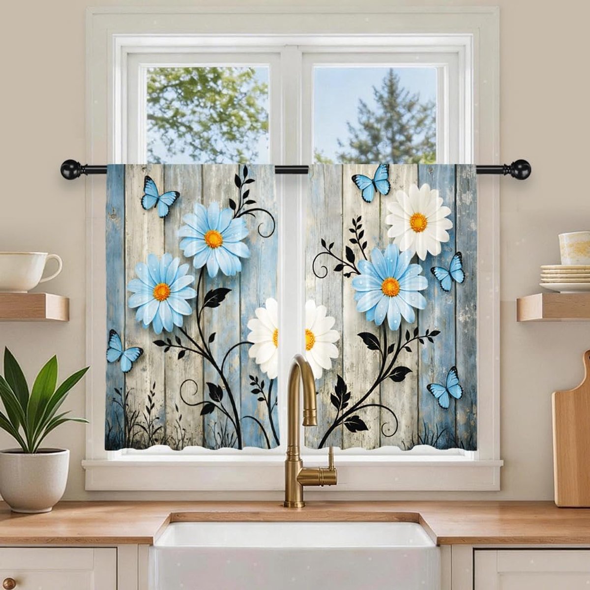Vlinder Bedrukt Polyester Korte Keukengordijnen 70 x 91 cm Stangzak Bloem Vlinder Gordijnen Kleine Decoratieve Raamgordijnen Voor Badkamer Woonkamer 2 Panelen