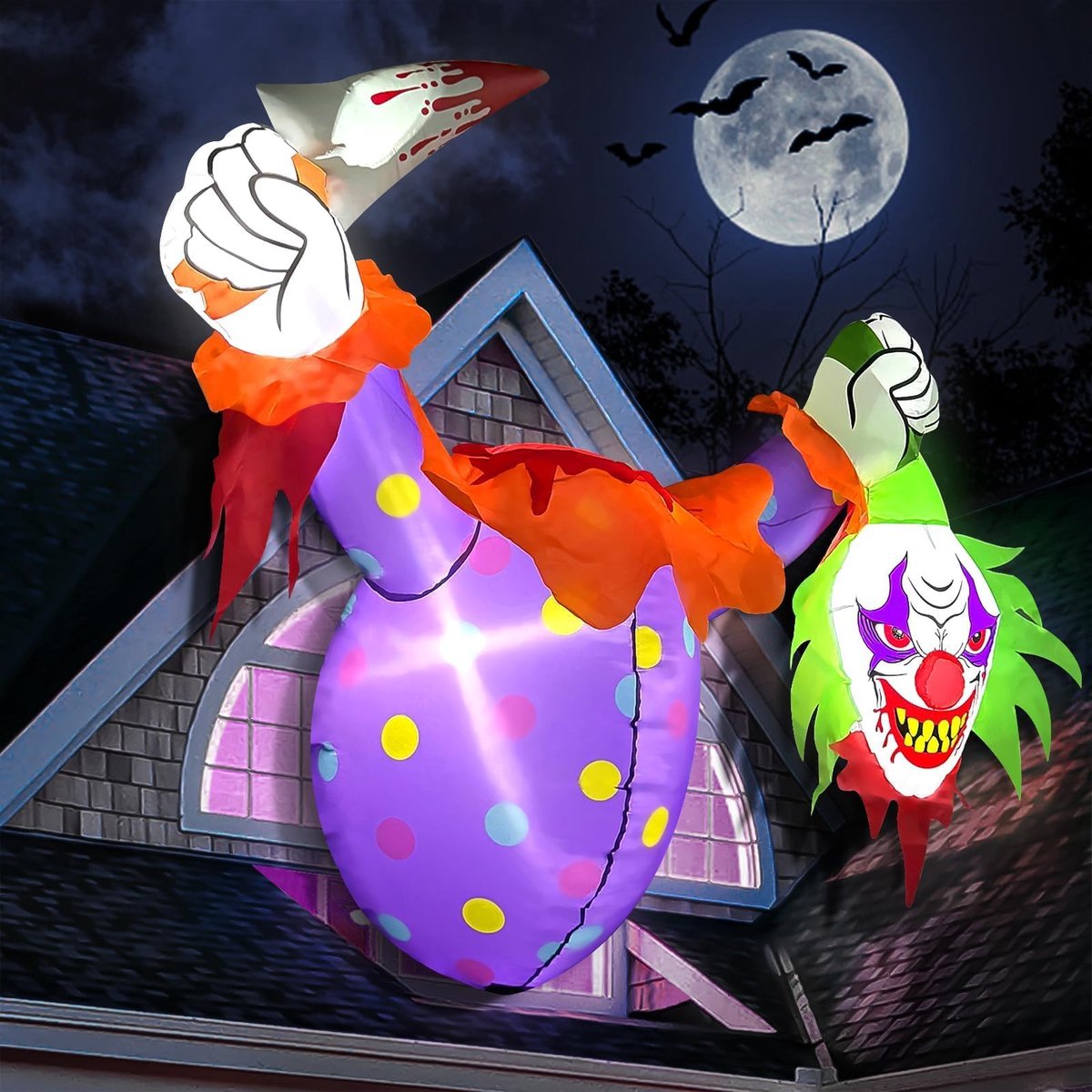 Halloween, Halloween, griezelige clown, breekt uit raam, grote Halloween-decoratie, binnen en buiten, tuin, gazon, thuis, familie, feestaccessoires