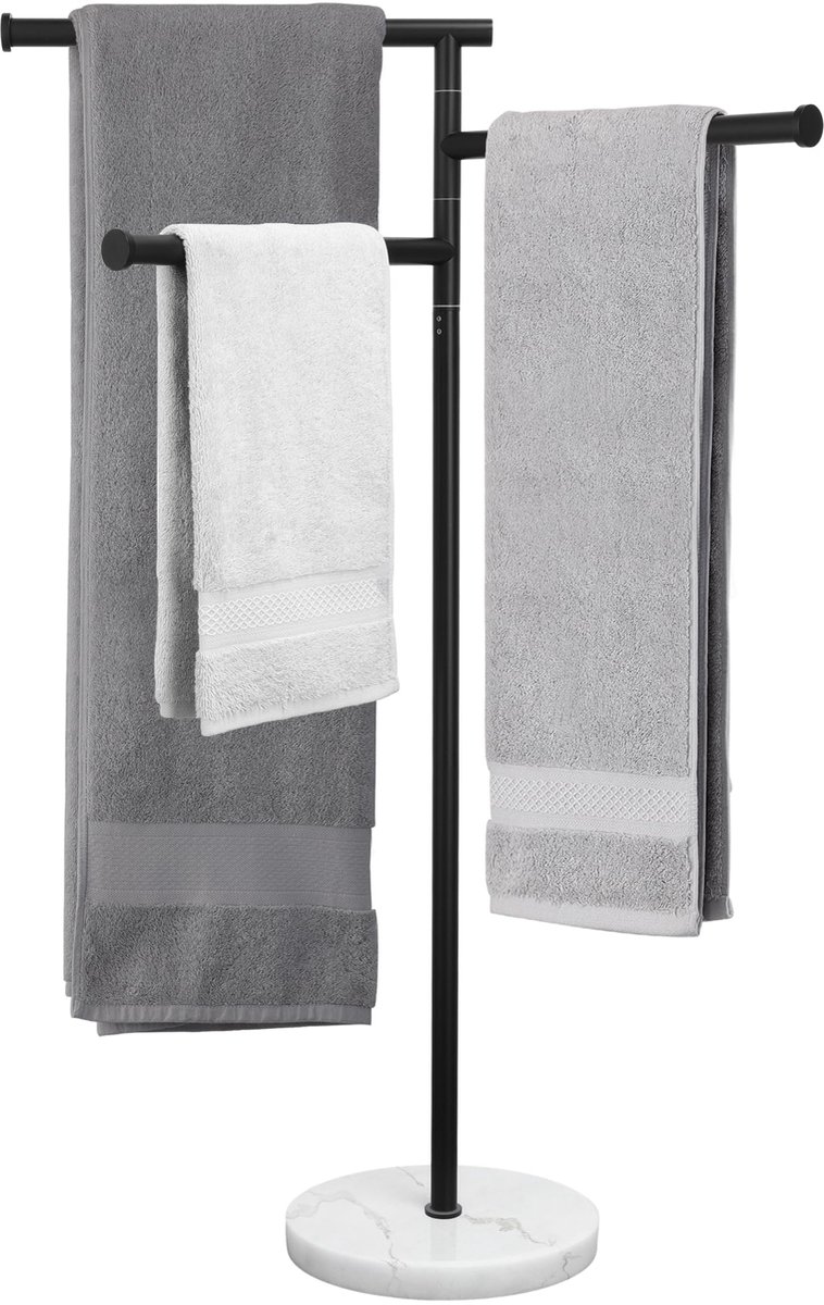 Vrijstaand handdoekenrek badkamer handdoekhouder, 3-armen draaibare bar handdoekstandaard met marmeren basis 10 cm, SUS304 roestvrijstalen handdoek opknoping rek standaard, mat zwart, BTH219-BK