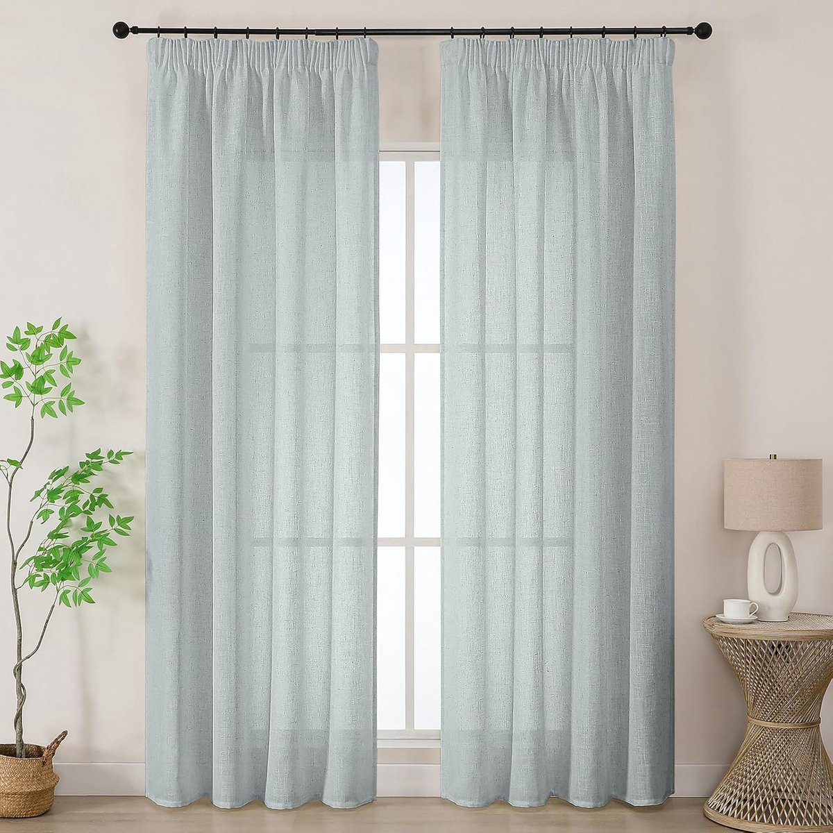 Vitrage van Natuurlijk Linnen met Plooiband voor Rails, 140B x 260H cm, 2 stuks, Semi-transparant, 260 cm Hoog, voor Interieurdecoratie in Woon- en Slaapkamer, Grijsblauw