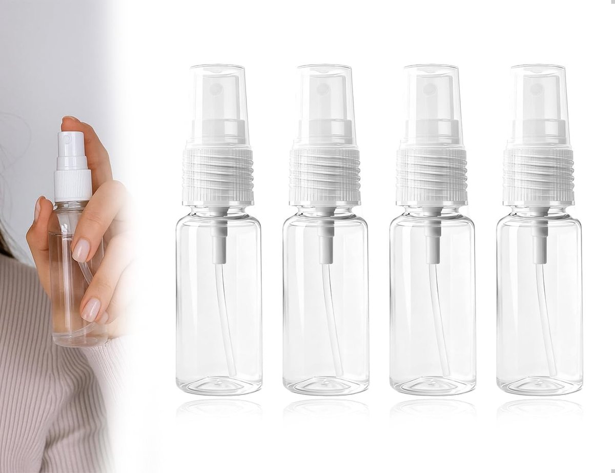 4 stuks, lege spuitflessen van kunststof, herbruikbaar, navulbaar, voor parfum, water, alcohol (transparant, 20 ml)