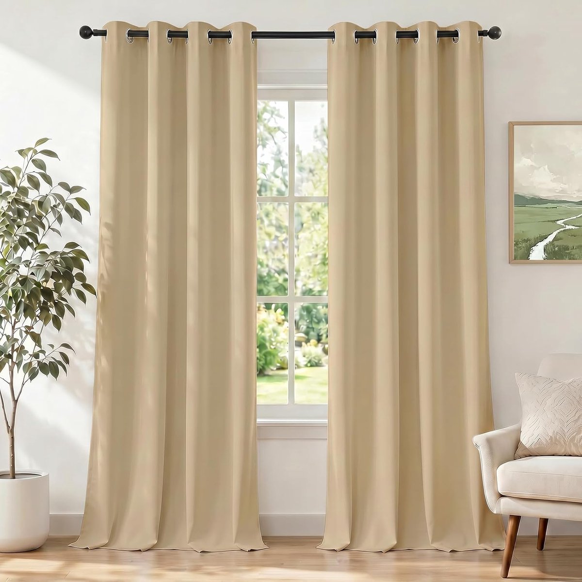 Gordijnen Kant En Klaar Set Van 2, 140x145cm, Gordijnen Verduisterend Met Ringen, Thermische Gordijn, Verduisteringsgordijn, Thermogordijnen, Deurgordijn Voor Slaapkamer Woonkamer, Donker Beige