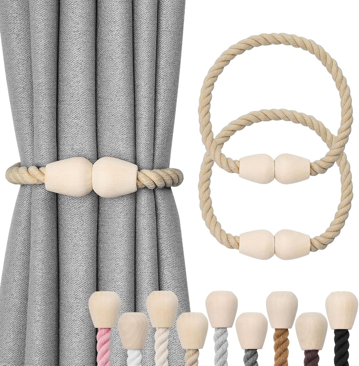 Jolly Fallen laten magnetische gordijnhouders van hout, boho-decoratie, gordijnhouders, natuurlijk katoen, handgeweven, voor raamgordijnen voor thuis en kantoor, donkerbeige, 2 stuks