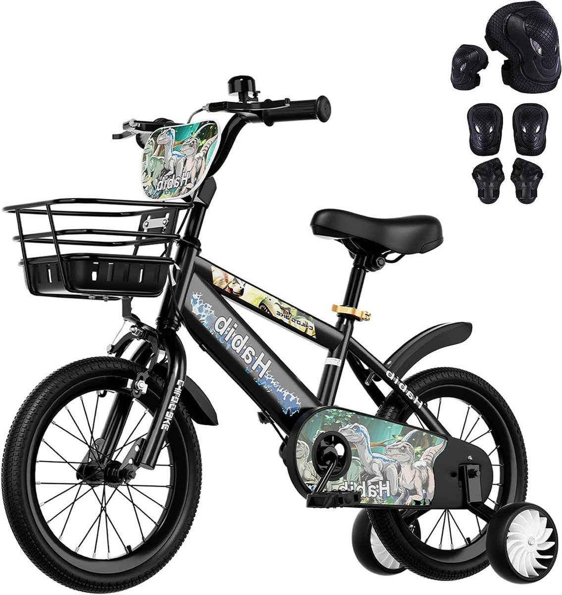 Jongensfiets Dino - Kinderfiets Set - Avontuurlijk Spelen - Complete Beschermingsset - 14 inch - Zwart