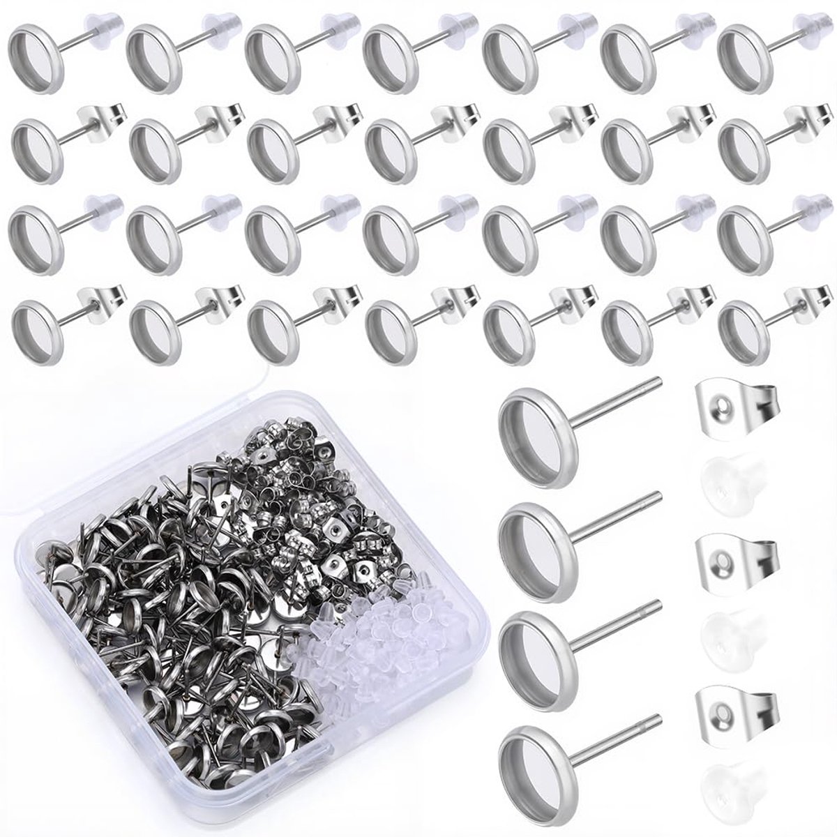 SOFPLATE 1 doos 300 stuks 6 mm bezels oorstekers cabochon onbewerkte hypoallergene roestvrij staal zilver met oormoer platte ronde voor het maken van sieraden