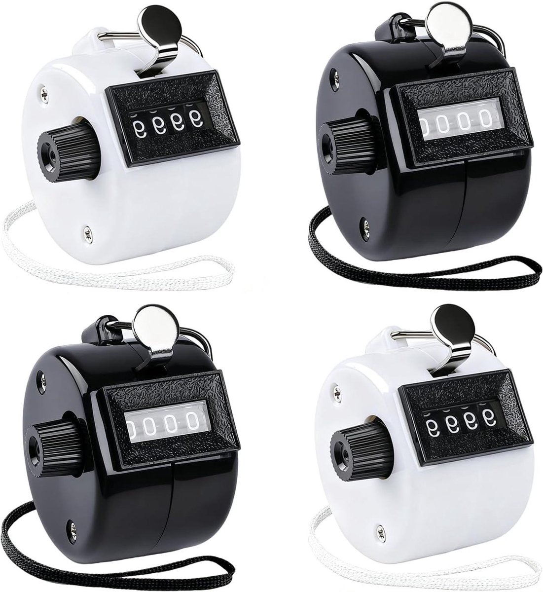 Handtellers met Lanyard - Klikker Tellers - Personen Tellen - Mechanisch Geen Batterij - 4 stuks - Zwart Wit