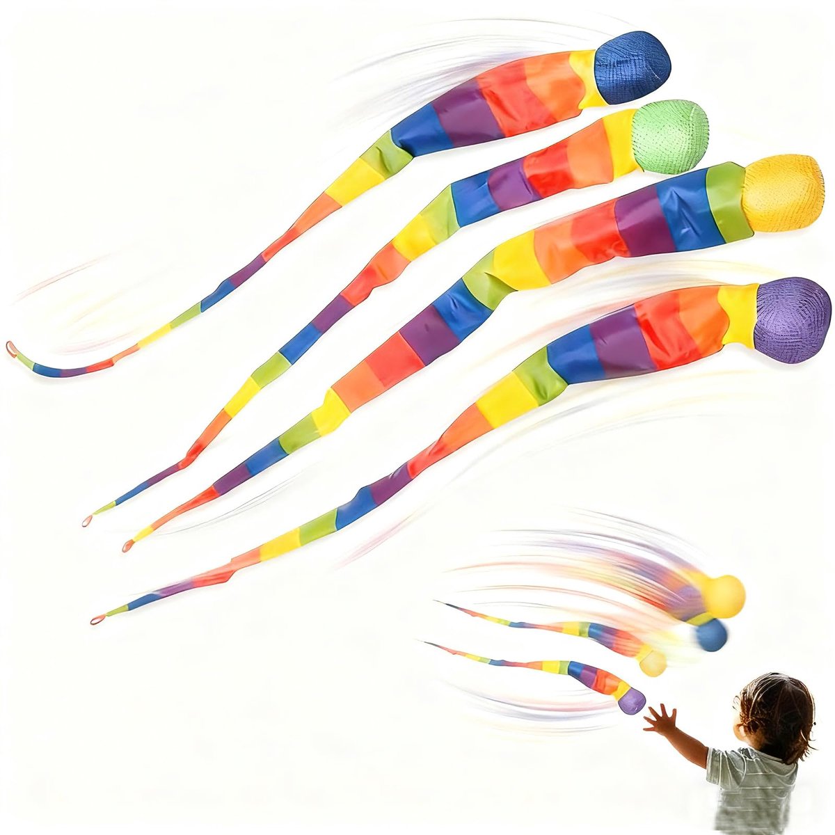 4 stuks staartbal voor kinderen, ballonbal, regenboogstaartbal, ballenspeelgoed voor peuters, veilig voor binnen en buiten, regenboogspeelgoed voor kinderen, vangstballen, zachte regenboogspeelbal