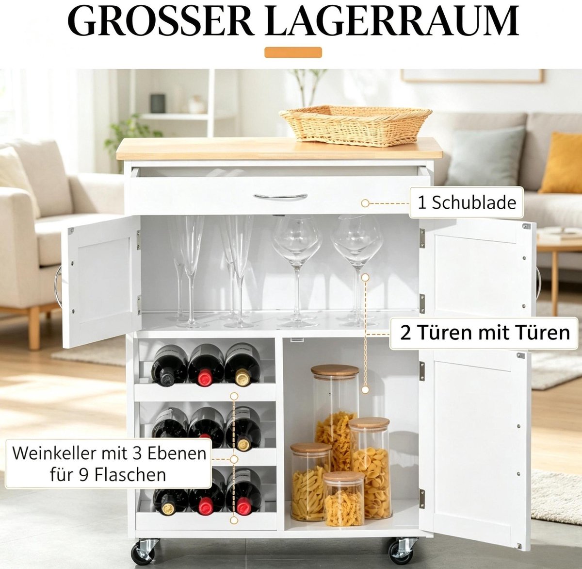 HAUSS SPOLE Keukenkast - Compacte Keukentrolley Met Lade, Kasten En Wielen - Voor Keuken En Eethoek - Wit Rubberhout - 67x37x87 Cm