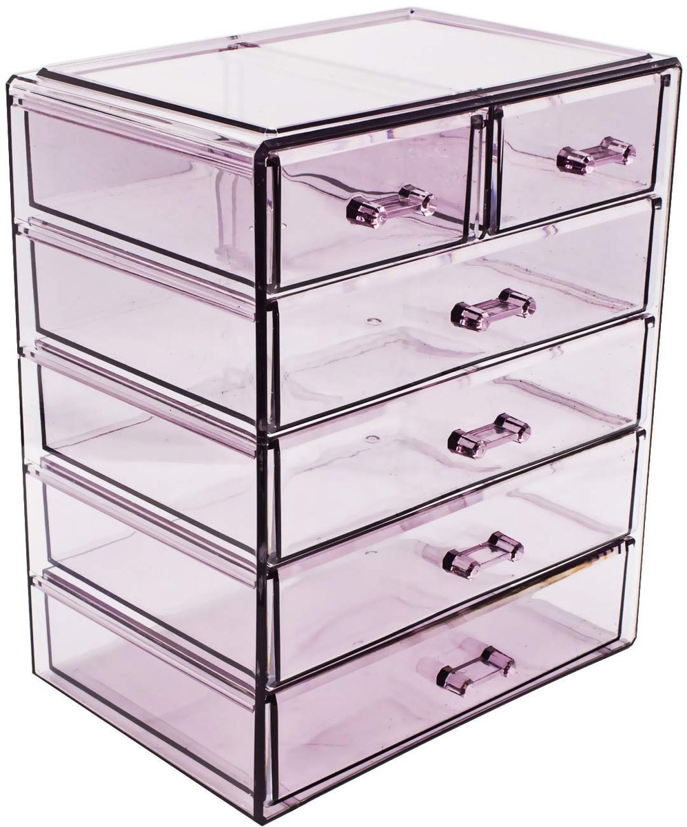 Make-up- en juwelen Grote Paarse Storage Case Display- 4 Large en 2 Kleine Drawers Space- Saving, Stijlvolle Acryl Badkamer Case