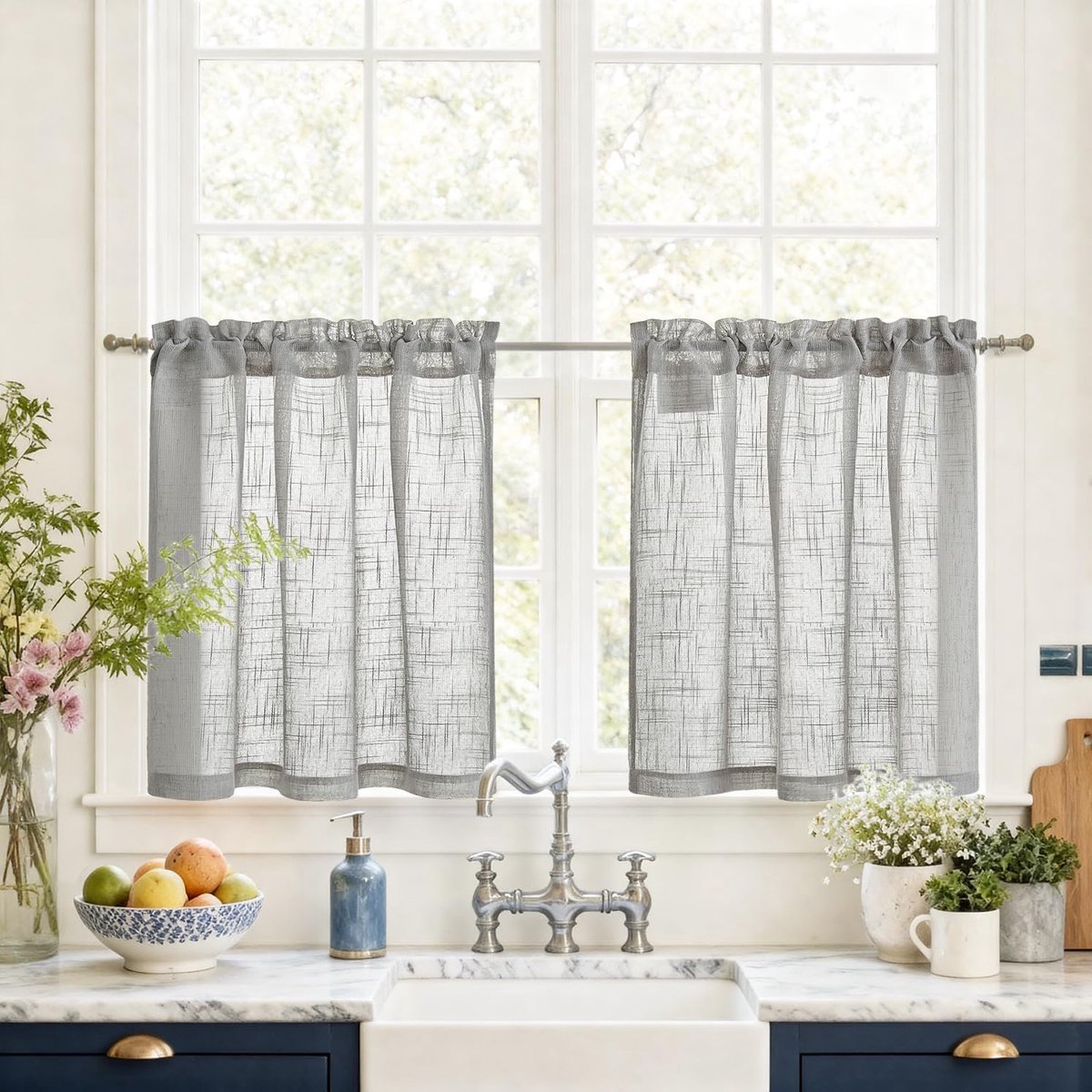 Vitrage keuken, voile, bistrogordijn, set van 2, 65 x 60 cm, landhuisstijl, grijs, kort, modern, raamgordijnen met stangdoorgang, halftransparant, korte gordijnen voor woonkamer, caravans