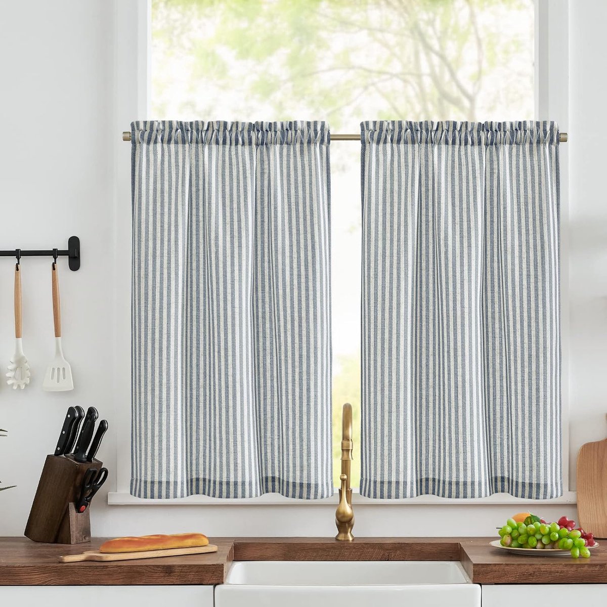 Linnen raamgordijn blauw gestreept bistrogordijn strepen semi-transparante vitrage keuken gordijn 65x90cm (BxH) korte raamsjaal voor woonkamer klein raam landhuis set van 2