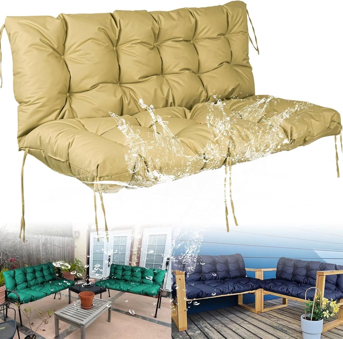 Vervangingskussens voor schommel, 2-3-zits, bankkussen voor tuinmeubilair, waterdichte dikke veranda-schommelkussens met rugleuning en stropdassen voor tuin, terras, kaki, 48 x 40 x 5