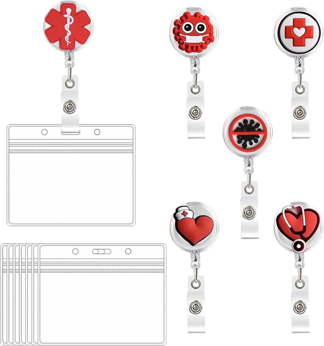 Intrekbare badgehouder - Sleutelhanger clip - ID kaarten tonen - Met 6 patronen - 8 stuks - Rood