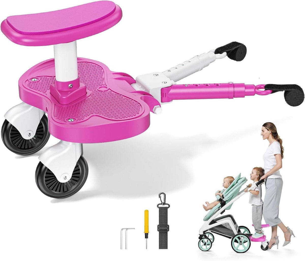 Meerijdplankje Kinderwagen - Buggy Board - Gezinsuitjes - Universeel Verstelbaar - Tot 25 kg - Roze