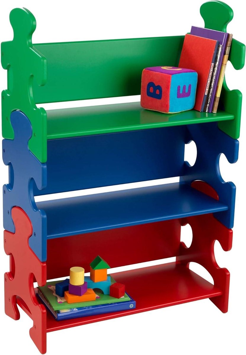 Kinder Boekenkast - Opbergkast Kinderkamer - Boeken Opbergen - Puzzel Stukken Design - 3 Planken - Rood Groen Blauw