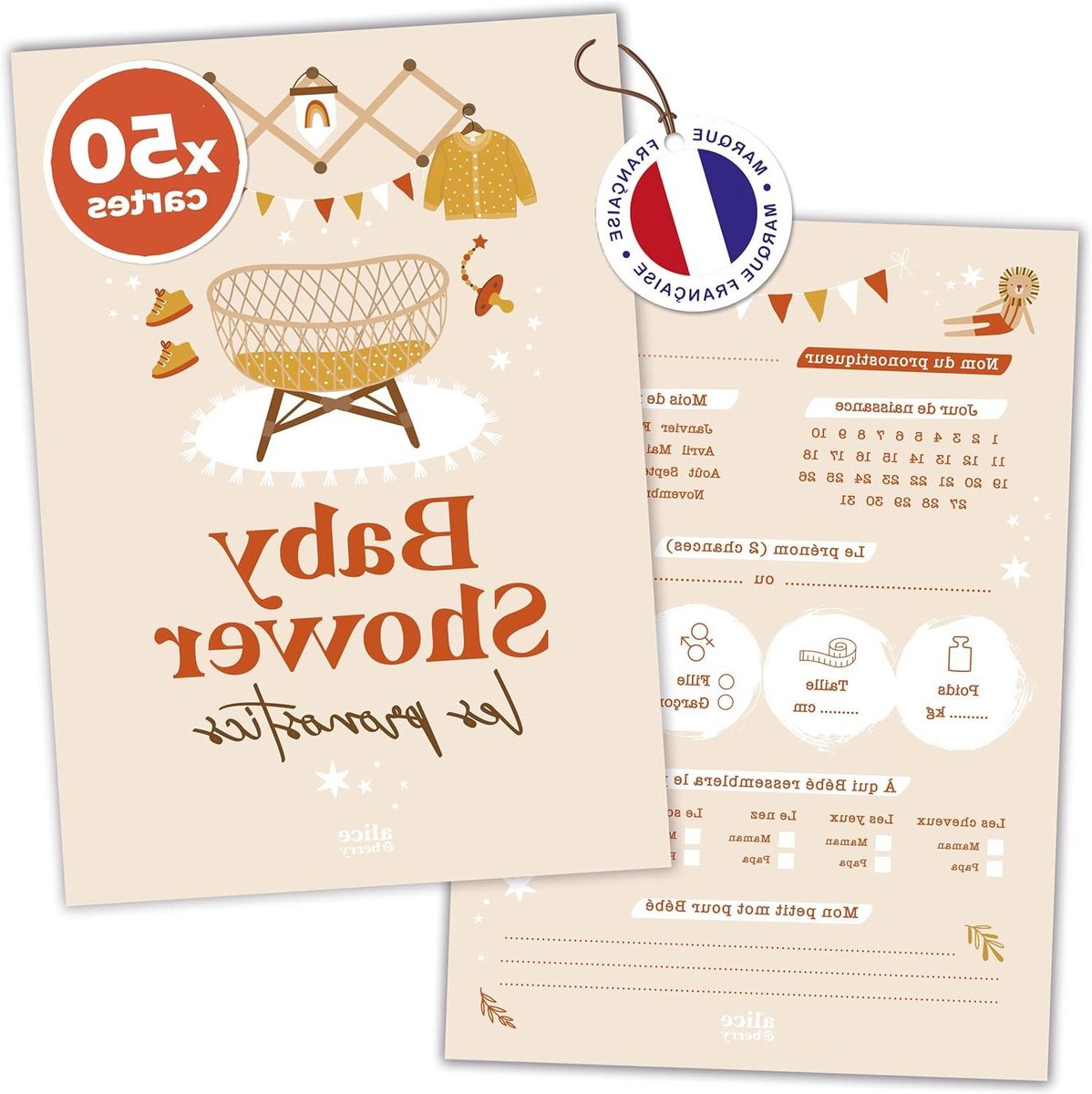 Babyshower Kaarten - Voorspellingsspel - Feestelijke Aankondiging - Terracotta Design - 50 Stuks - Beige