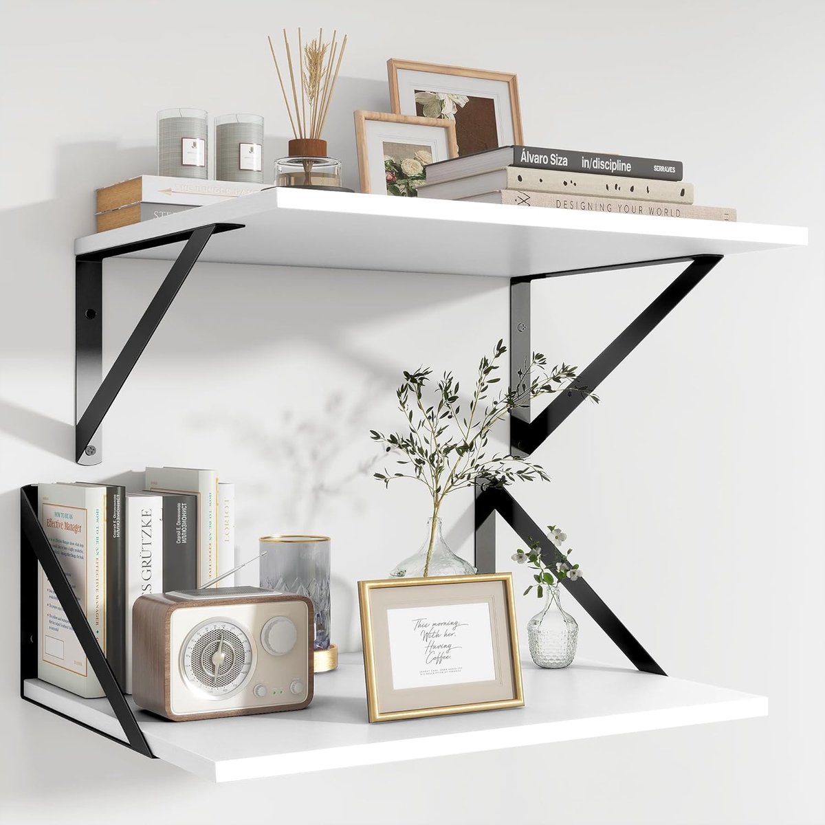 Zwevende planken voor muur, 16W x 12D houten wandplanken, set van 2, brede zwevende boekenplank voor woonkamer, keuken, kantoor, slaapkamer en decoratieve opslag met metalen beugel - wit