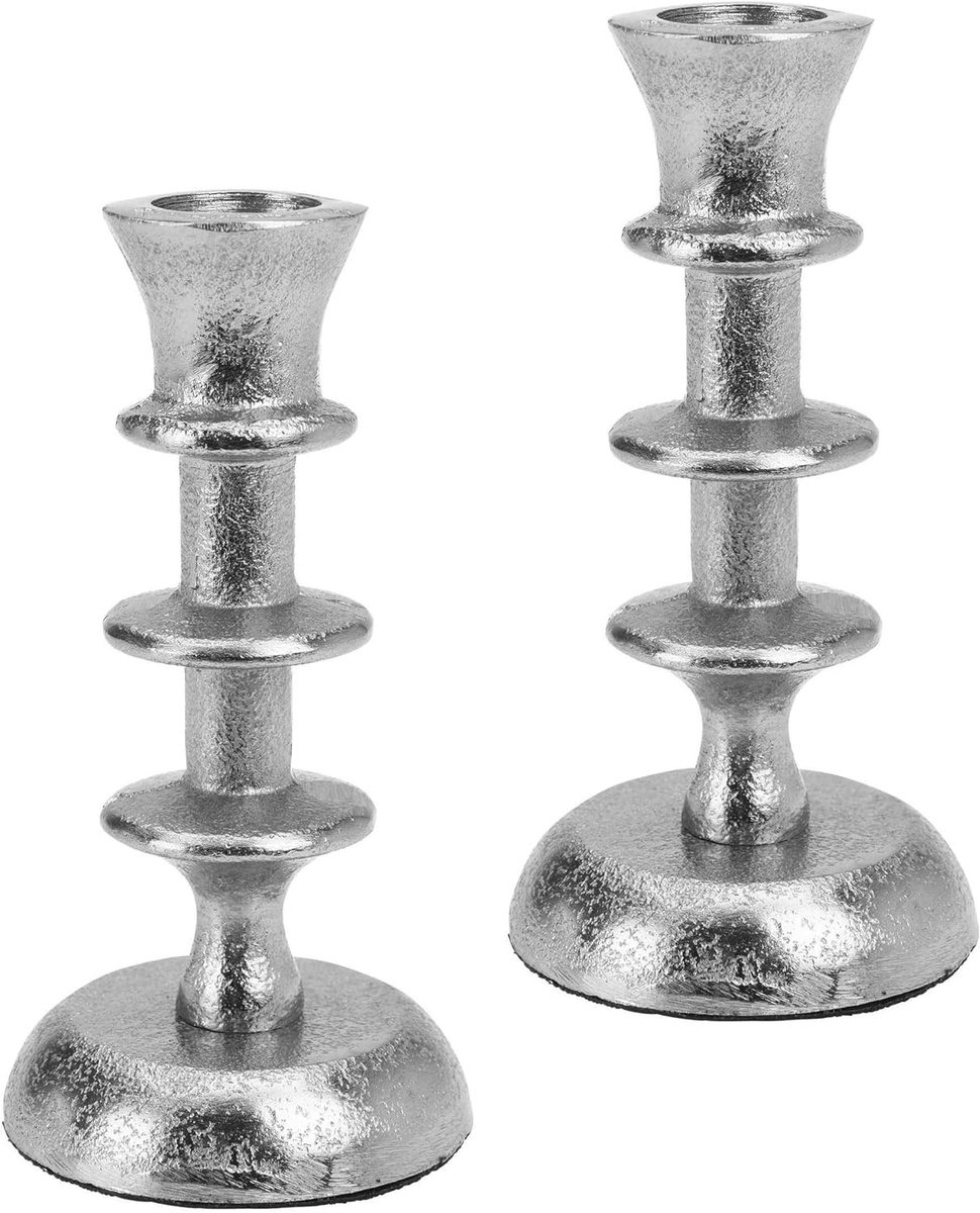 2 metalen kandelaars in set kandelaar staafkaarsenhouder, hoogte 12,5 cm kleur zilver in antieke look (set van 2) VAR3)