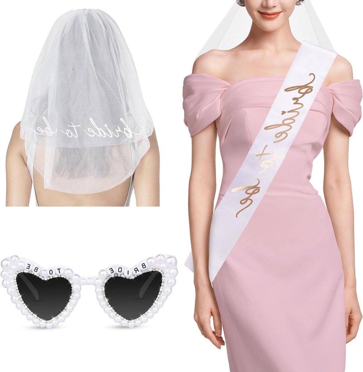 Bruiloft Accessoires Set - Bruid Sash & Sluier - Vrijgezellenfeest Vieren - Stijlvol & Comfortabel - 3 Delig - Wit