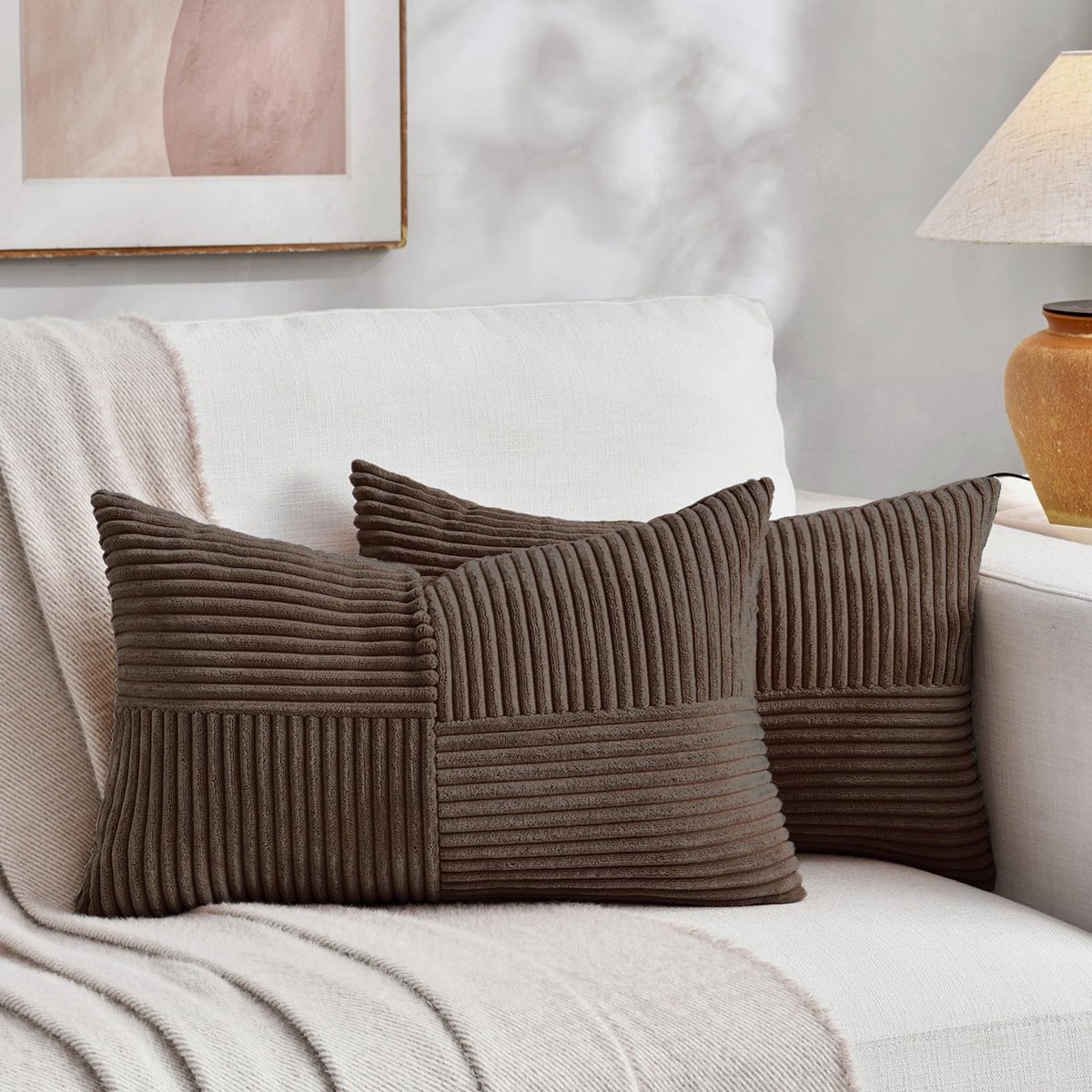 Set van 2 boho-kussenslopen voor bank, 35 x 55 cm, van corduroy, modern, zacht, kruispatroon, decoratieve kussenslopen voor bank, slaapkamer, donkerbruin