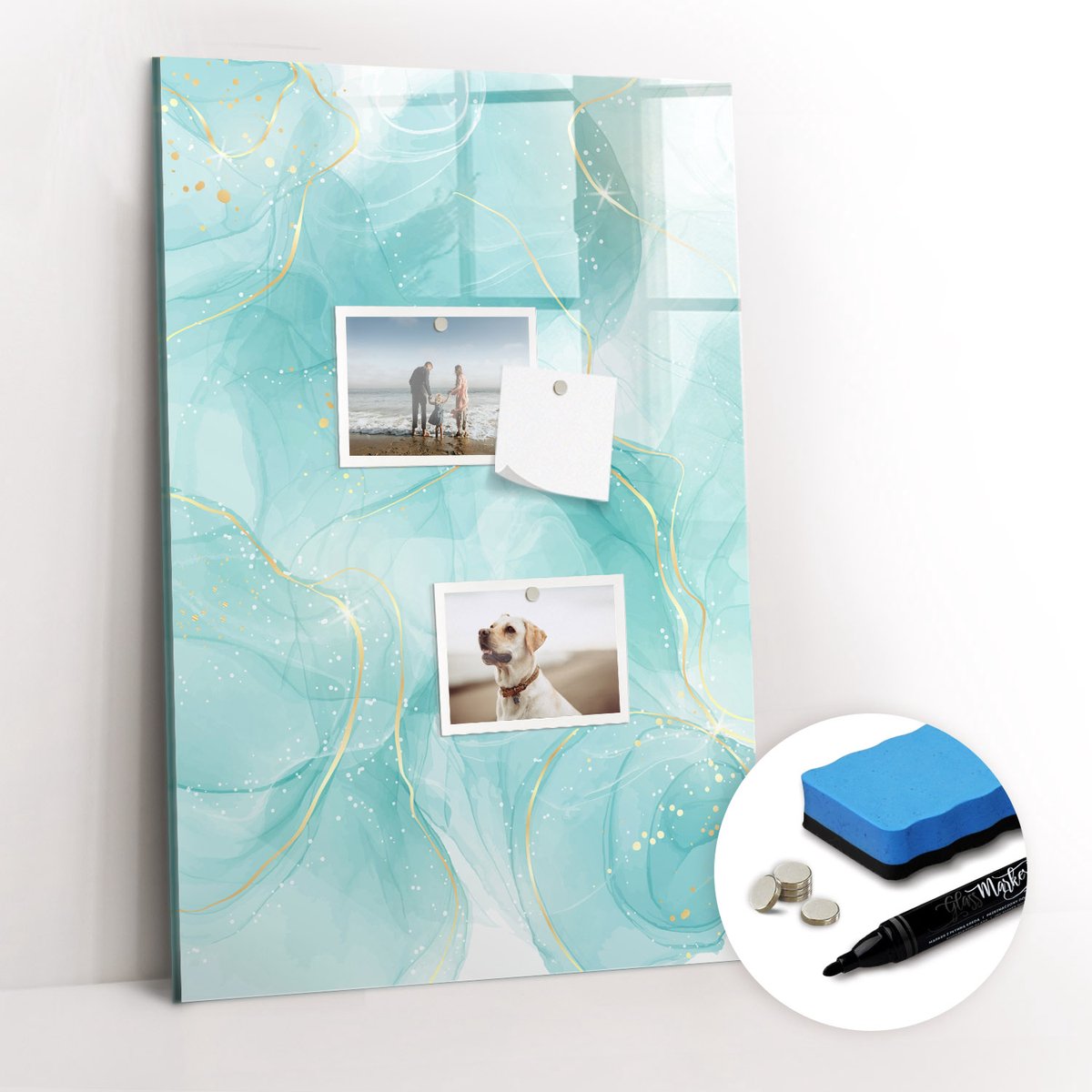 Tulup Whitebord - Abstract geaderd marmer - 40 x 60 cm - Turkoois Memobord Glas - Gratis 5 Sterke Magneten + Whiteboard Marker & Wisser - Industrieel Wandbord - Magneetbord Keuken - Inspiratiebord Kantoor