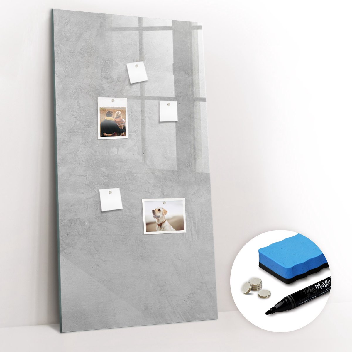 Tulup Whitebord - Licht ruw beton - 60 x 120 cm - Grijs Memobord Glas - Gratis 5 Sterke Magneten + Whiteboard Marker & Wisser - Industrieel Wandbord - Memo Bord - Inspiratiebord Kantoor