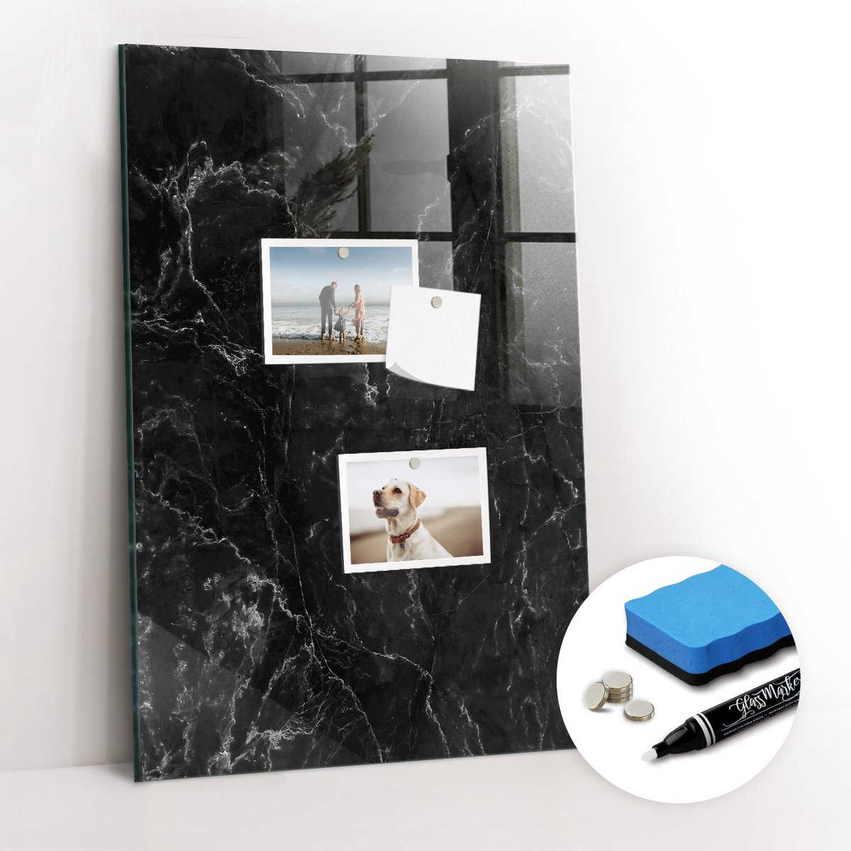 Tulup Whitebord - Glanzend donker marmer - 40 x 60 cm - Zwart-wit Magnetisch Bord - Gratis 5 Sterke Magneten + Whiteboard Marker & Wisser - Minimalistisch Prikbord - Magnet Board - Planning Muur