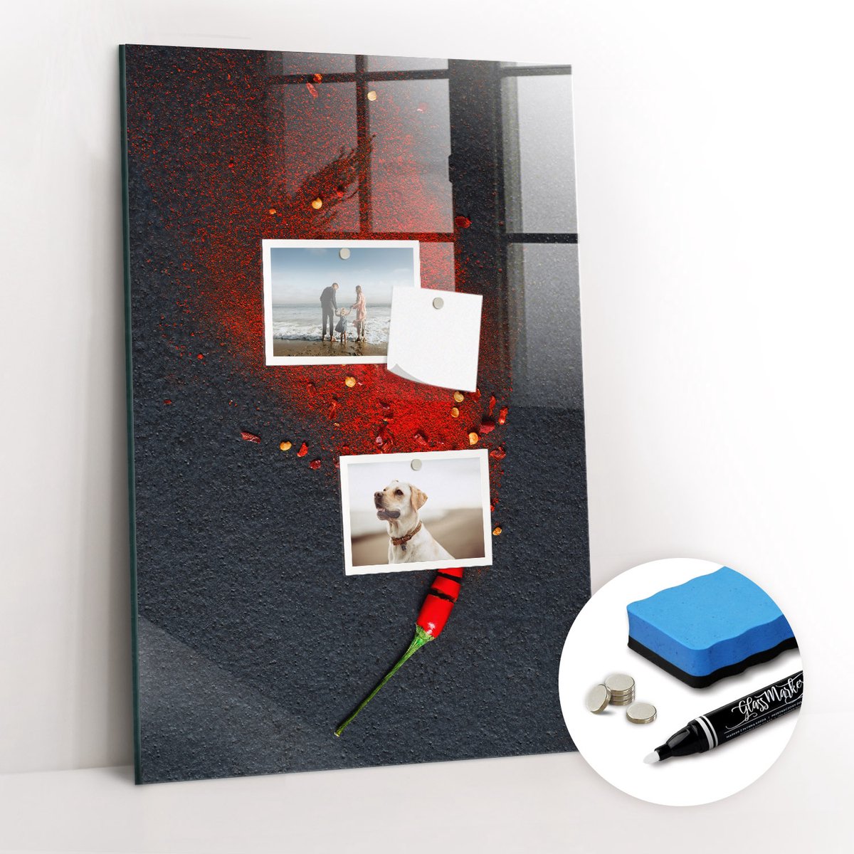 Tulup Whitebord - Paprikapoeder - 40 x 60 cm - Rood Magnetisch Wandbord - Gratis 5 Sterke Magneten + Whiteboard Marker & Wisser - Wanddecoratie Kantoor - Memobord Glas - Inspiratiebord Kantoor