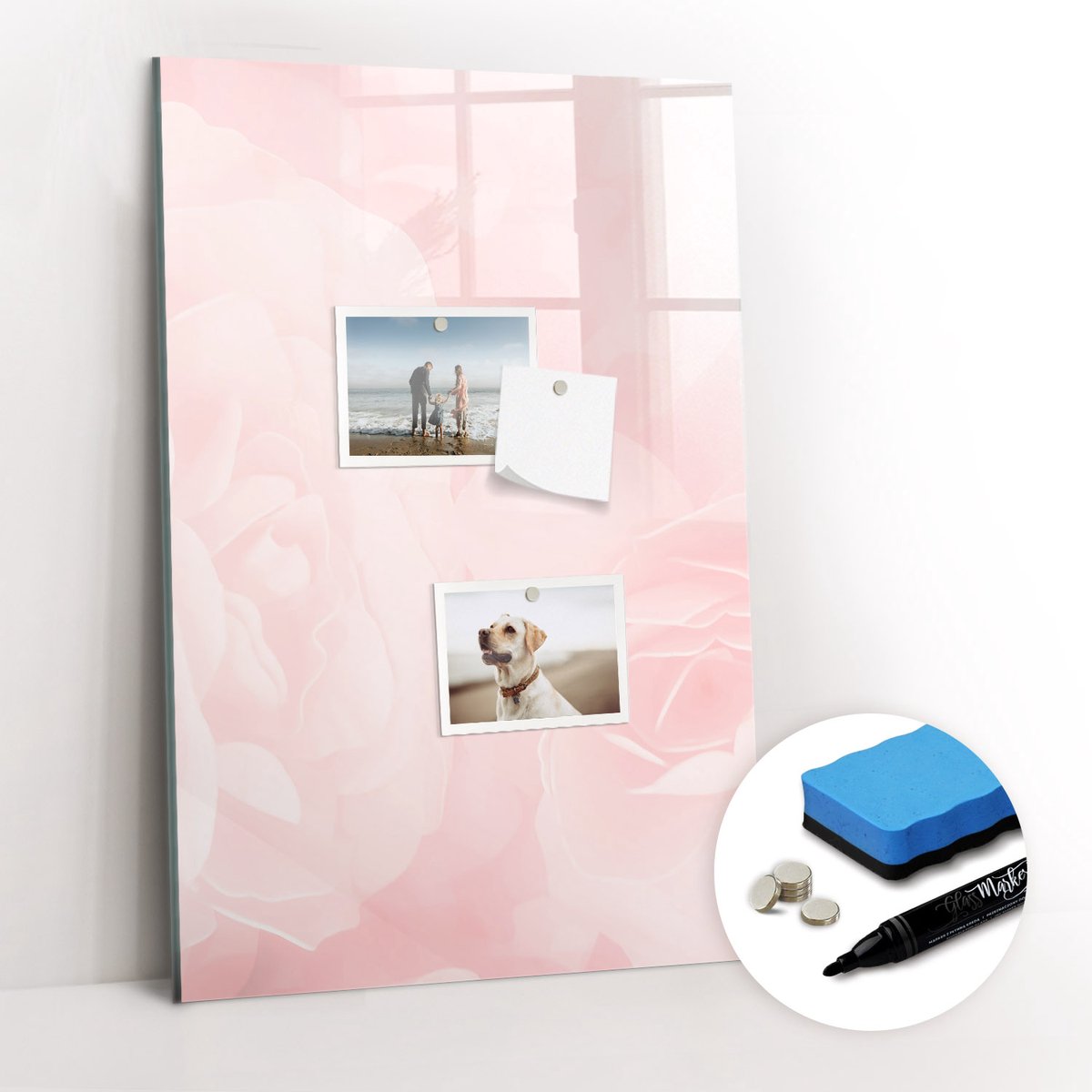 Tulup Whitebord - Delicate rozenbloemen - 40 x 60 cm - Roze Magnet Board - Gratis 5 Sterke Magneten + Whiteboard Marker & Wisser - Organizer Muur - Magnet Board - Organiseer Je Bureau