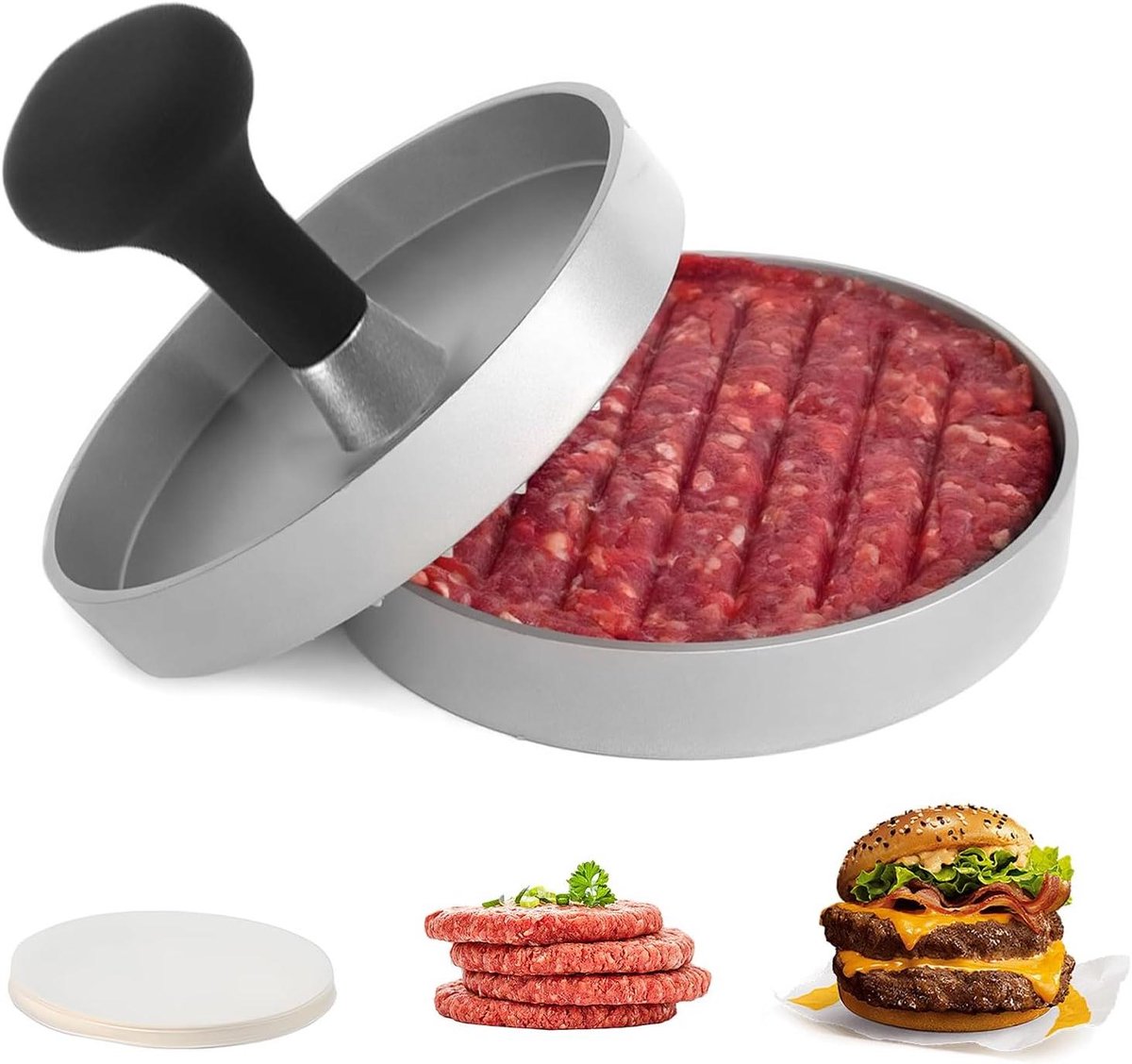 Burger Pers - Patty Maker - Vlees Vormen - Antiaanbaklaag - 11.7 cm - Zilver