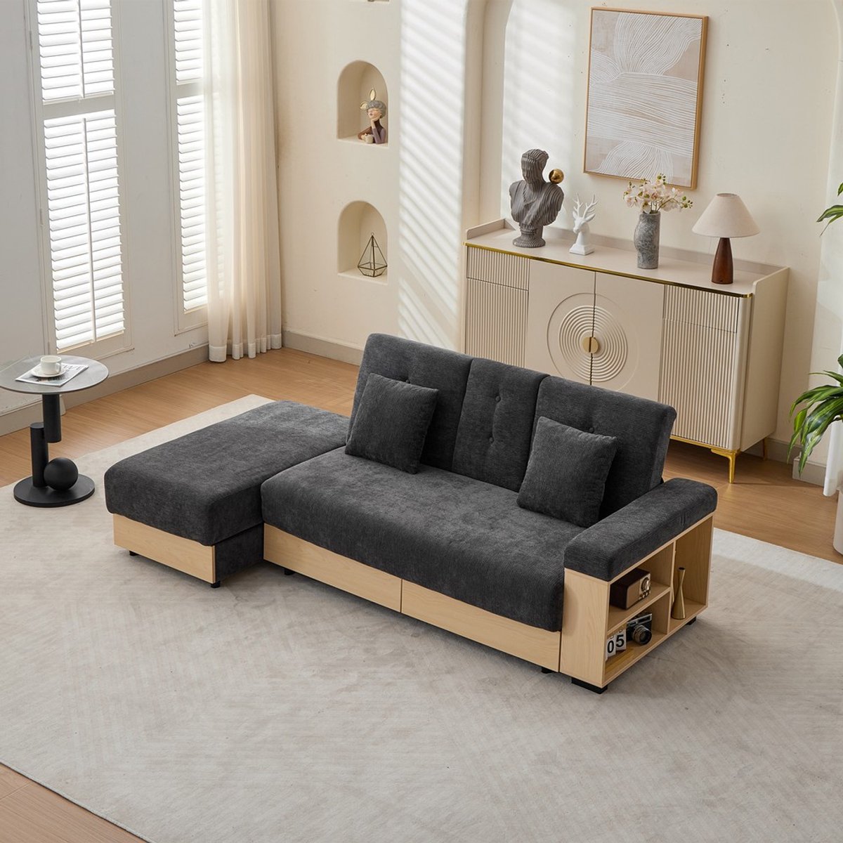 KOMHTOM Slaapbank - Chenille Stof - 3-voudig Verstelbare Rugleuning - Opbergruimte met Lades - Bekerhouders - Opbergpoef - 217cm - Grijs - Woonkamer - Comfortabel - Modern Design