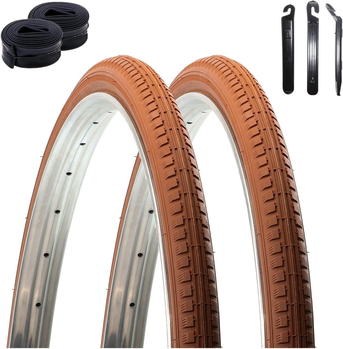 Fietsbanden set - Banden en binnenbanden - Veilig Fietsen - Compleet met bandenlichters - 28 inch - Bruin