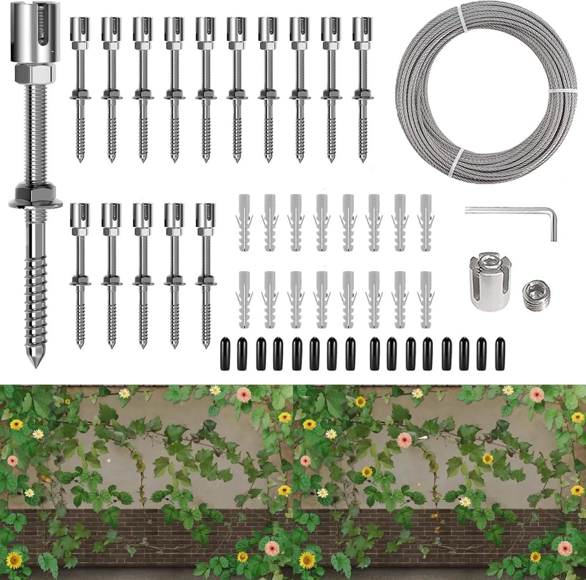 Klimhulp van roestvrij staal voor klimplanten, draadkabelsysteem kit voor planten (16 houders, 24 m touw)