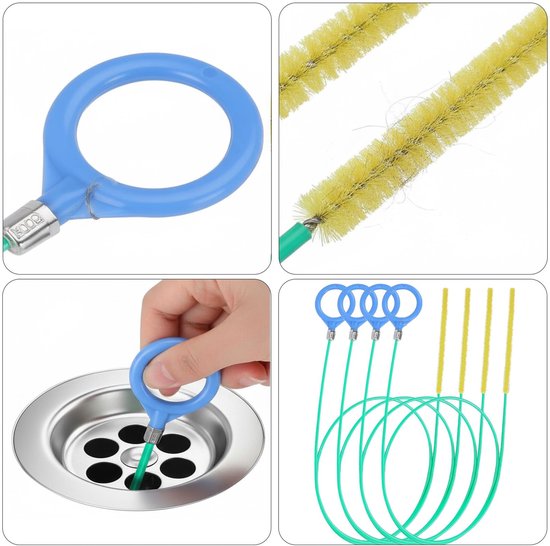 4 stuks afvoerreinigers, spiraal, reinigingsshaken, sticks, flexibele buisreinigingsborstel, buisborstel voor badkamer, steekgat keuken — afbeelding 2