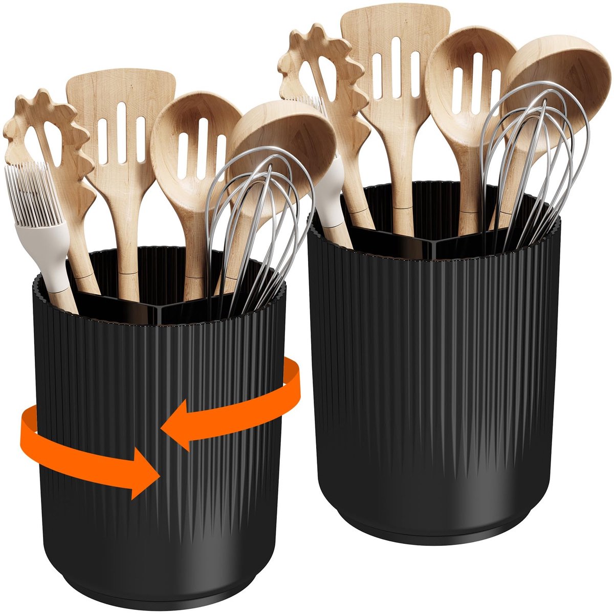 Bestekhouder voor Keukenopslag, Kookbestek Caddy met Antislip Roterende Basis, Groot 3-vaks Kunststof Lepel Spatel Bestek Flatware Organisator met Droog Afvoer, Zwart, 2-Pack