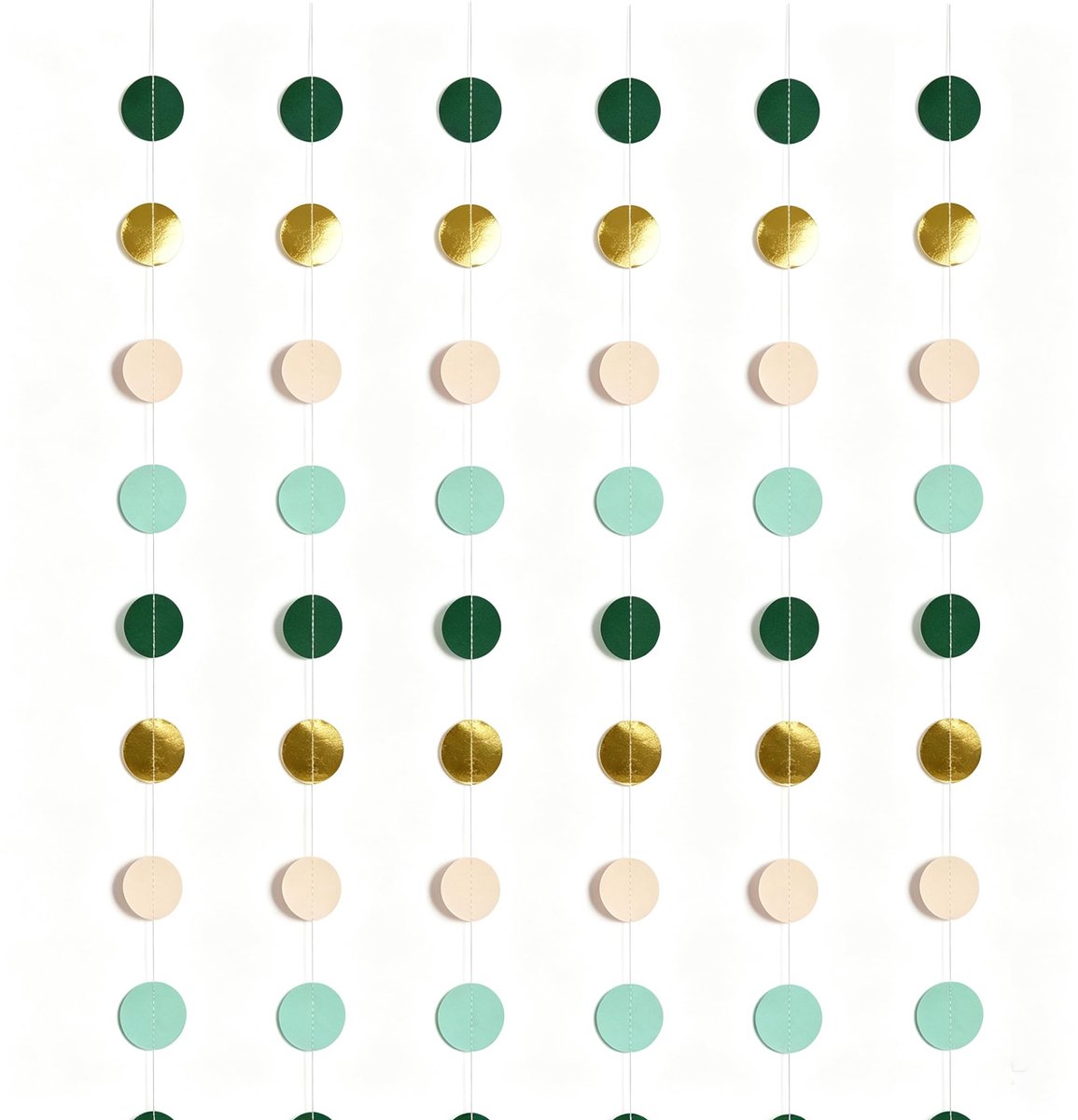 6 stuks slingers van groen papier en pailletten ronde stippen papier decoratie | 4 m × 6 saliegroen, crème en goud, glitterpapier, cirkel, stippen, slinger, feestdecoratie voor bruiloft, feest, verjaa