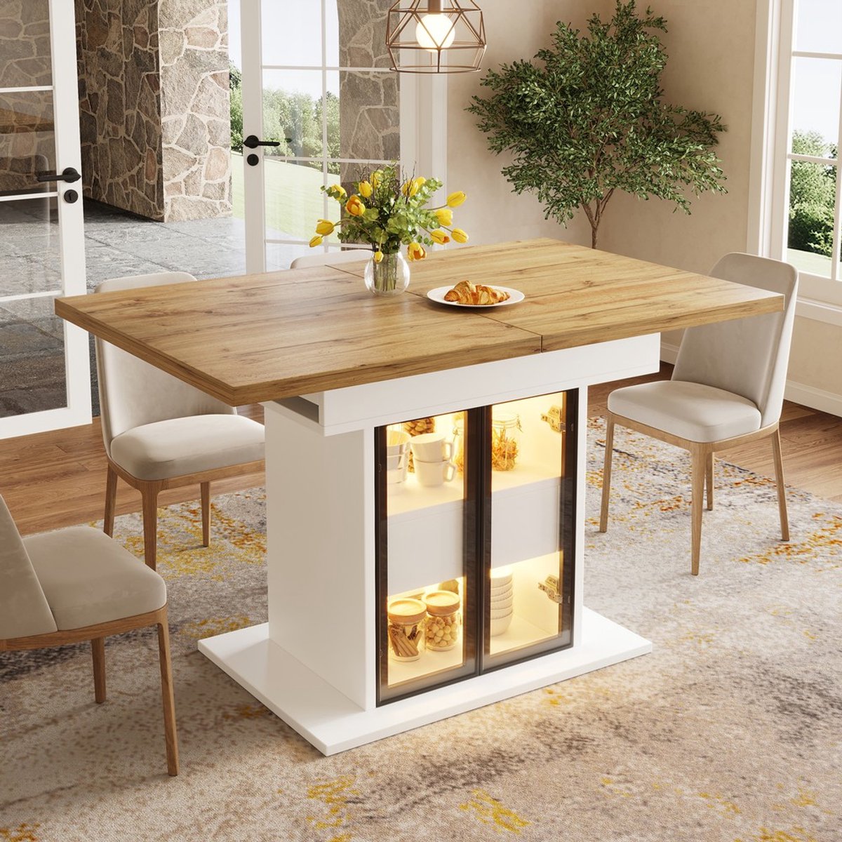 KOMHTOM Uitschuifbare Eettafel - 110-140 cm - RGB LED Verlichting - Glazen Schuifdeuren - Opbergruimte - Wit Zwart - Modern Design - Keukentafel - Eetkamertafel - Zonder stoelen