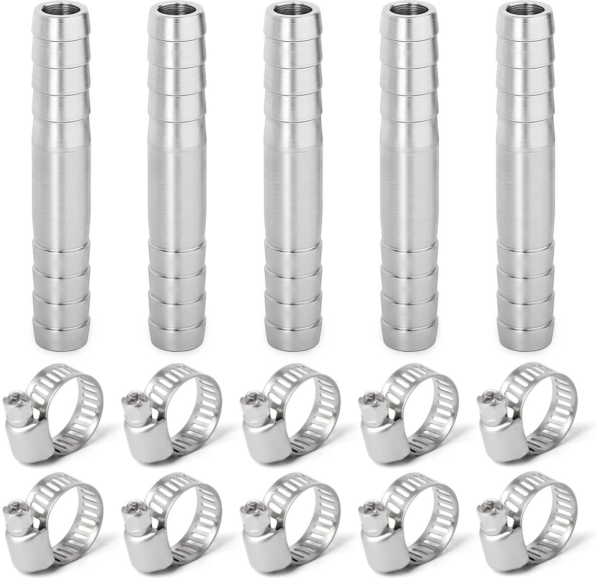 5 Stuks 8mm roestvrijstalen rechte slangpilaar, 2-weg I-vormige SUS 304 slangfitting met 10 Stuks klemmen