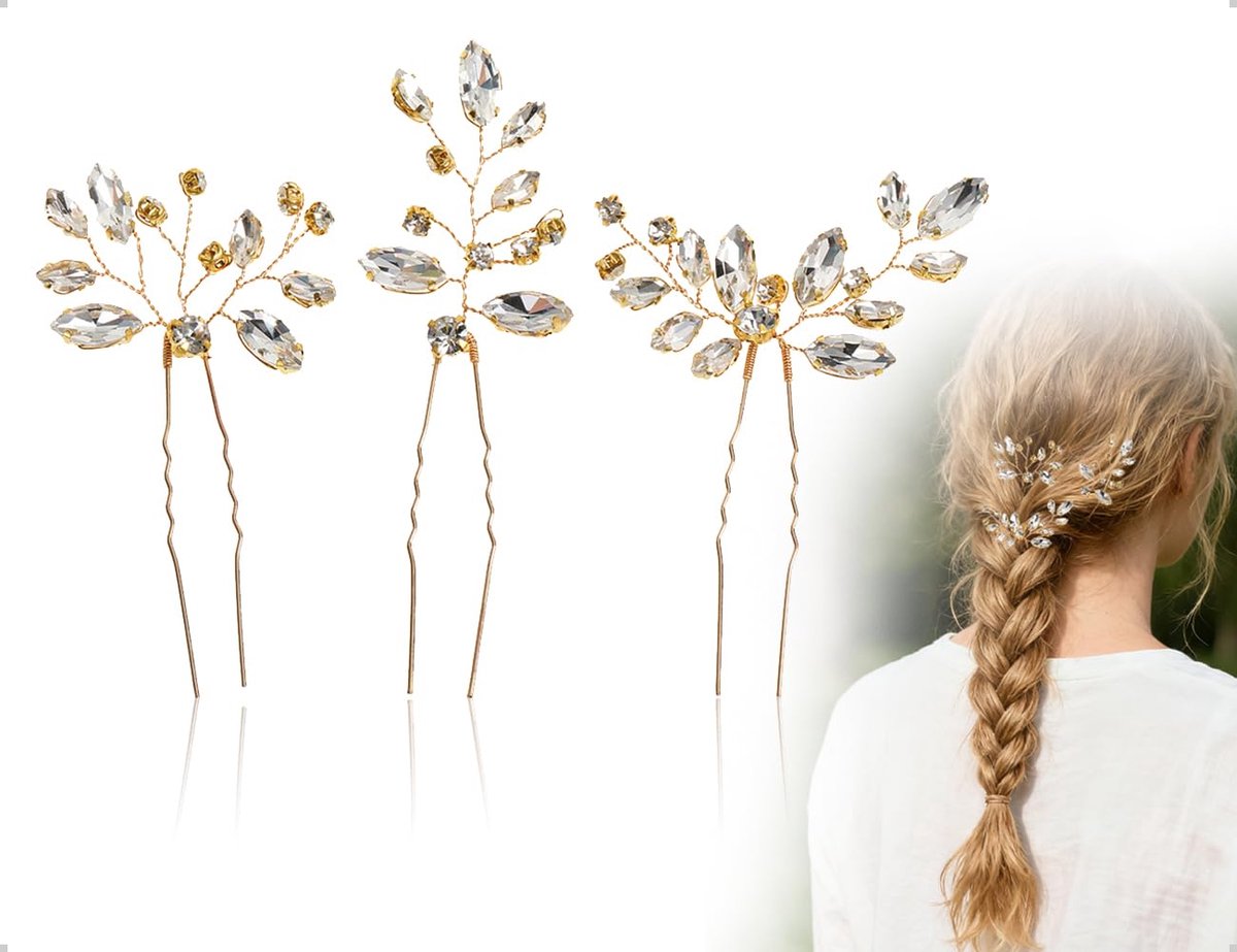bruidshaarstukken, U-vormige haaraccessoires voor bruiloft, bruidssieraden, bloemen en bladeren, hoofdtooi voor vrouwen en meisjes, bruiloftsfeest (goud)
