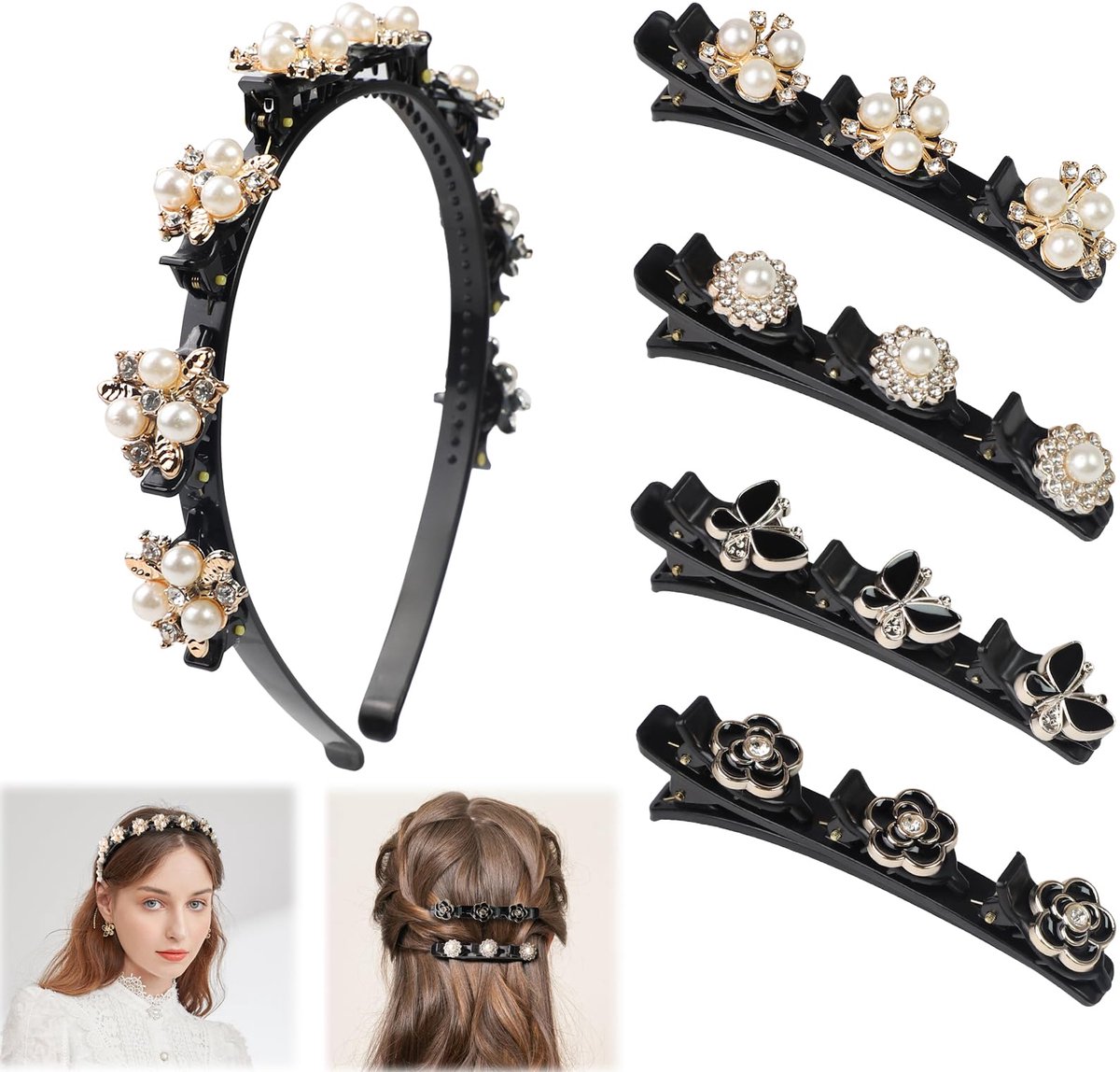 Haarspelden met 3 clips, kolibrie haarspeld met parels, fonkelende dubbellaagse gevlochten haarspeld voor dames, meisjes, kinderen, 1 haarband met klemmen