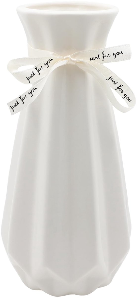 Witte vazen, 19 cm hoog, moderne bloemenvazen van keramiek met gekleurd lint, decoratieve vazen voor pampasgras, geometrische vazen voor thuis, woonkamer, eettafel, kantoor, decoratie