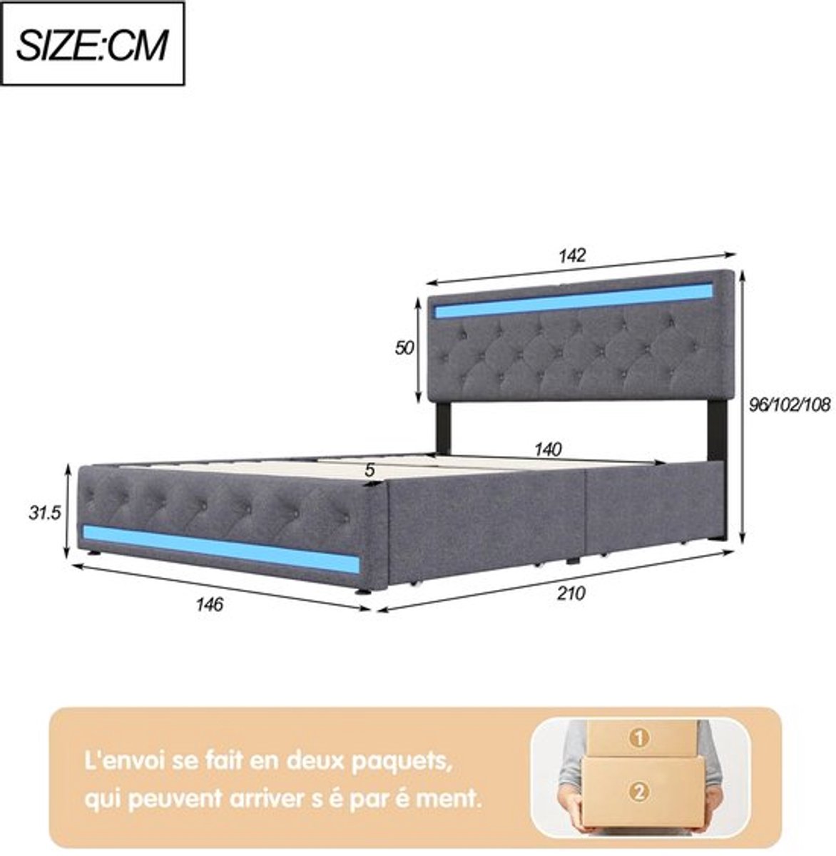 Opbergbed – Gestoffeerd Bed – Tweepersoonsbed – Lades Bed – Slaapbank – 140x190 cm – Linnen Hoofdbord met LED-verlichting