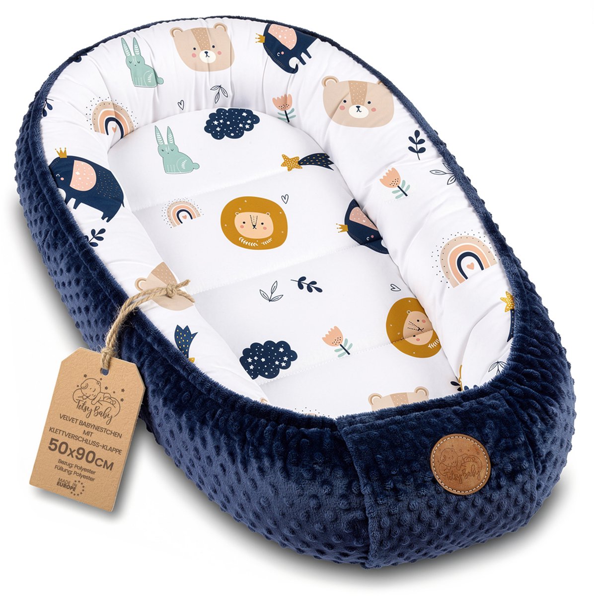 Knus Baby Nestje Pasgeborene – zacht draagbaar en comfortabel Nest voor Ledikant Kinderbed Wieg Babykamer en Onderweg – behaaglijk voor Jongen & Meisje 90x50 cm Regenboog donkerblauw