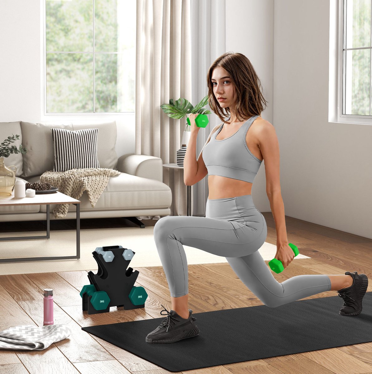 MEUNIQ halterset met 6 hex dumbbells en opbergrek, 2 x 1 kg, 2 x 3 kg, 2 x 5 kg, kunststof ommanteld met metalen kern, thuisfitness, meerkleurig