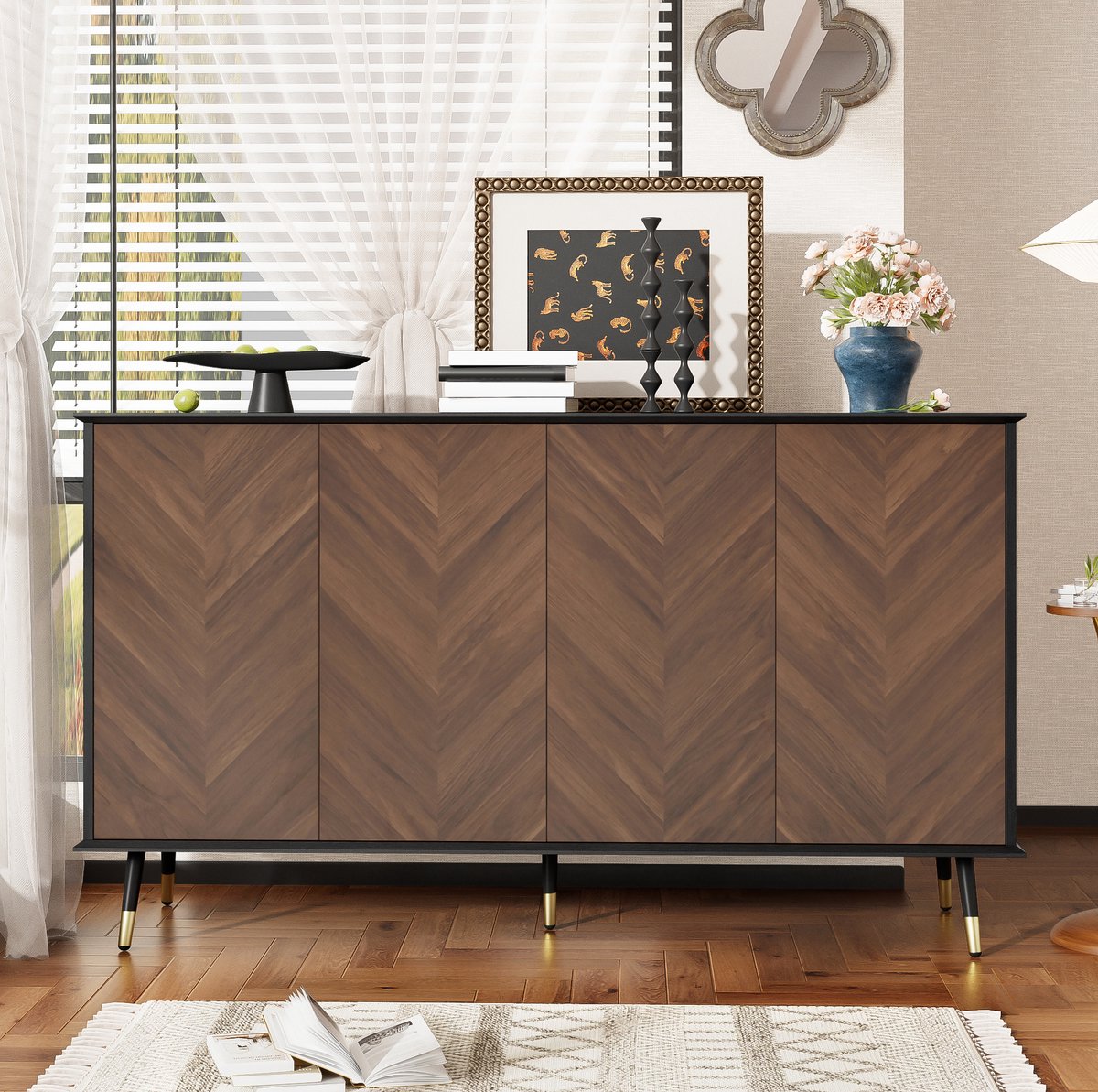 MIVRAY Dressoir 140 x 40 x 80 cm - 4 Deuren Met Verstelbare Planken - Voor Woonkamer, Hal En Eetkamer - MDF Zwart Bruin
