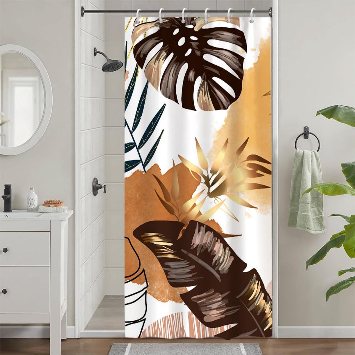 Douchegordijn, schimmelwerend, smal douchegordijn, 90 x 180 cm, oranje/geel, bohemien, tropisch, foglie di palm, badgordijn, stof, wasbaar, waterdicht, badgordijnen met 6 haken