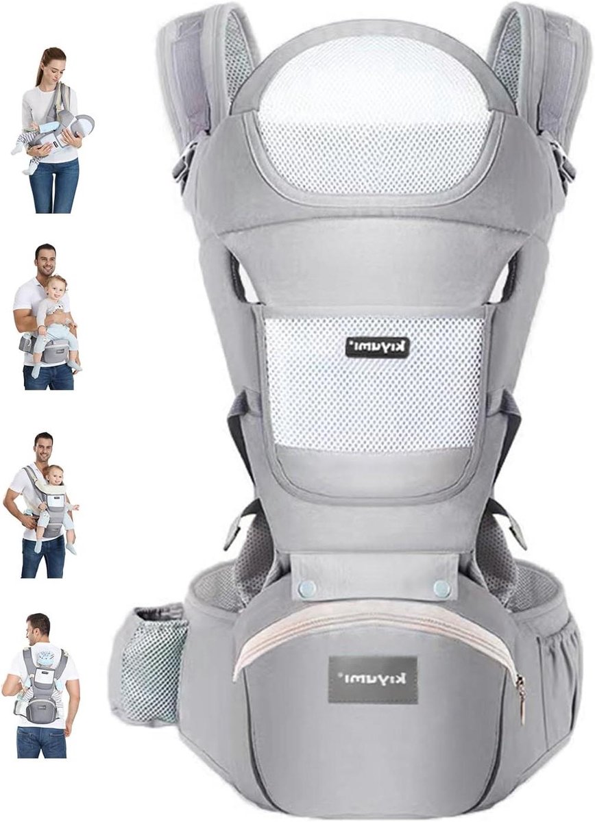 Draagzak met heupzitje - Baby drager - Baby Comfortabel Dragen - Ergonomische M-positie - 7-45 lbs - Grijs
