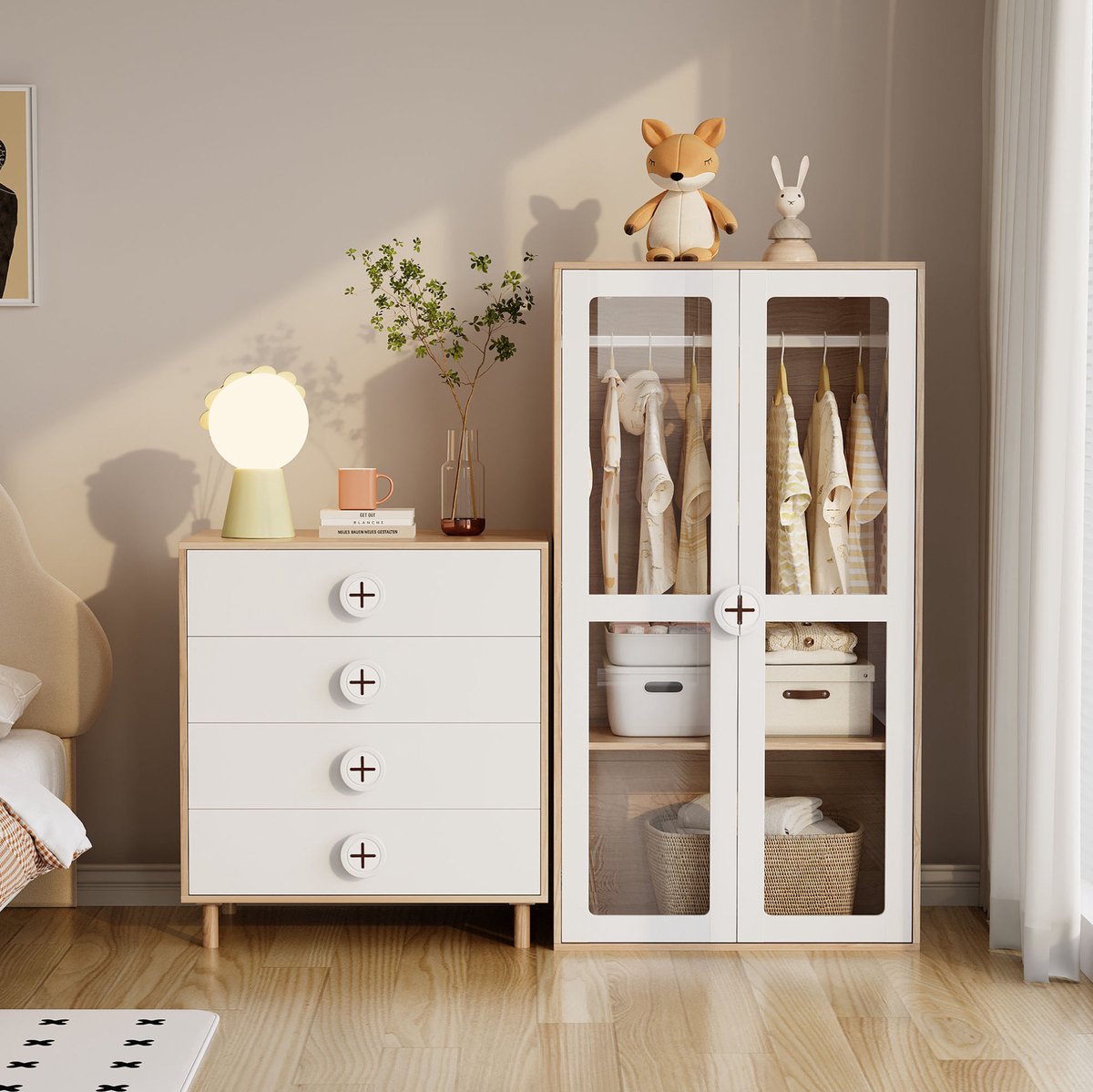 MIVRAY Kledingkast - Combinatie Met 4 Lades En Transparante Deuren - Voor Slaapkamer En Jeugdkamer - MDF - 160x50x150 Cm - Wit Naturel