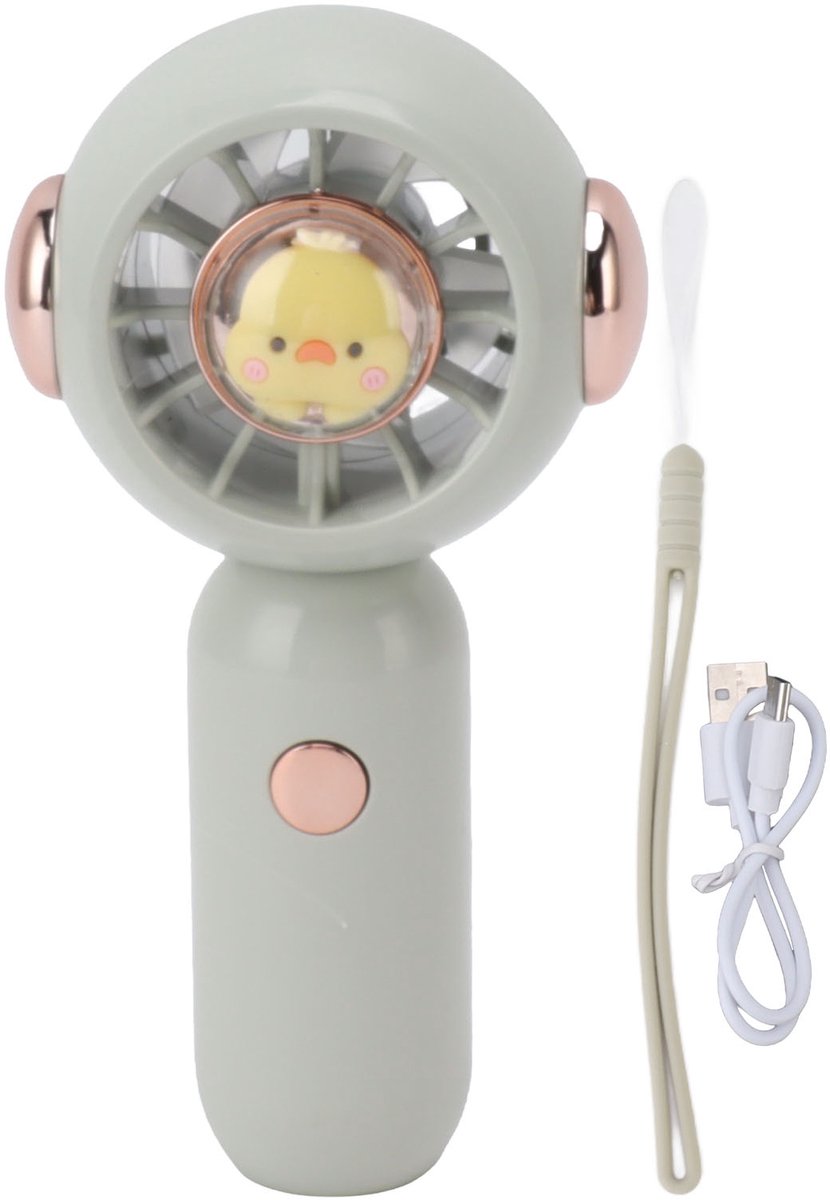 Groene draagbare handventilator (USB-oplaadbaar) met dierenmotief, stil en instelbaar; voor buiten en op reis